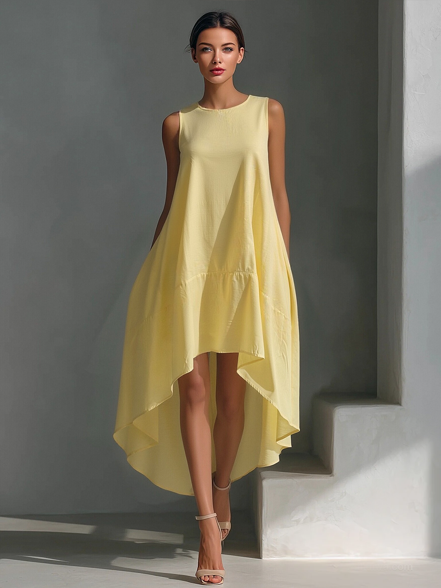 Robe Midi Sans Manches en Lin Blanc pour Femme avec Col Ronde et Ourlet Asymétrique