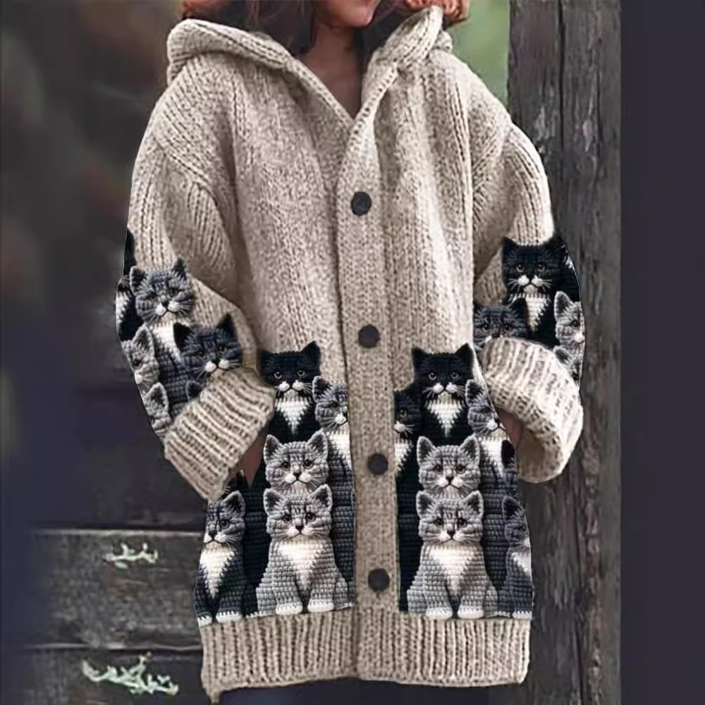 Jasmin - Cardigan en Tricot Accueillant avec Imprimé de Chat