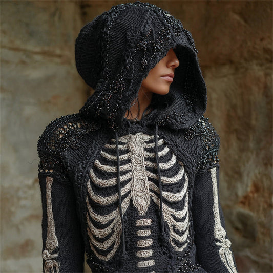Pull Vintage Gothique avec Capuche et Perles