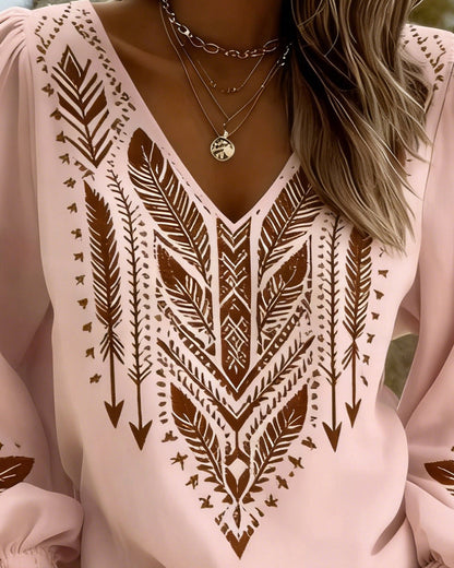 Blouse à Col V avec Manches Bouffantes et Coupe Ample