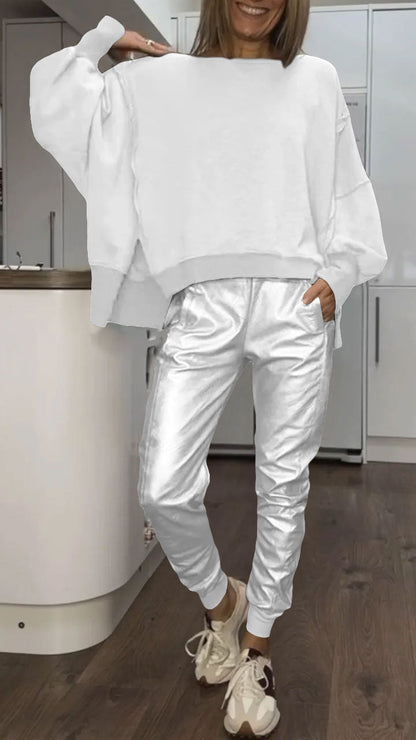 Ensemble Décontracté avec Col Rond pour Femmes + Pantalons en Cuir Synthétique