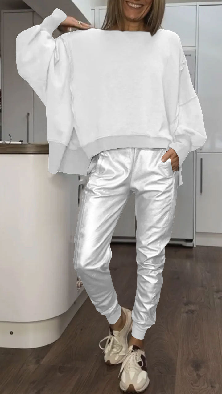 Ensemble Décontracté avec Col Ronde pour Femme + Pantalons en Cuir