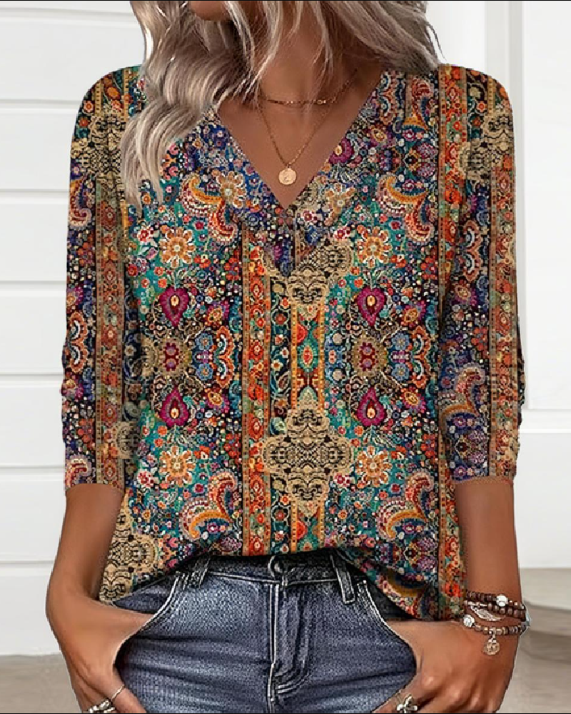 Blouse Imprimée Rétro Col V