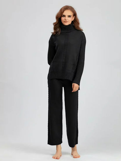 Scarlett - Ensemble de Pull Tricoté à Col Montant Chic et Pantalons Amples