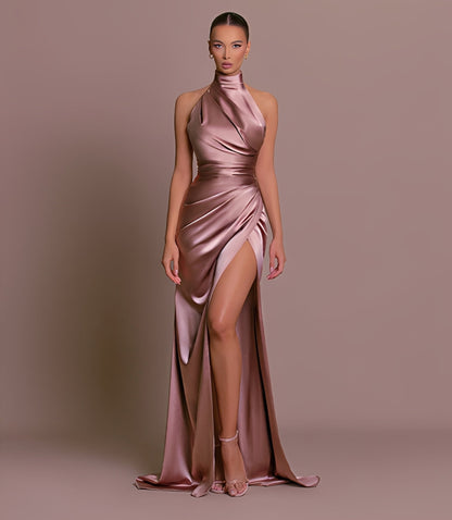 Margie - Robe de soirée élégante avec col halter et grande fente pour femmes