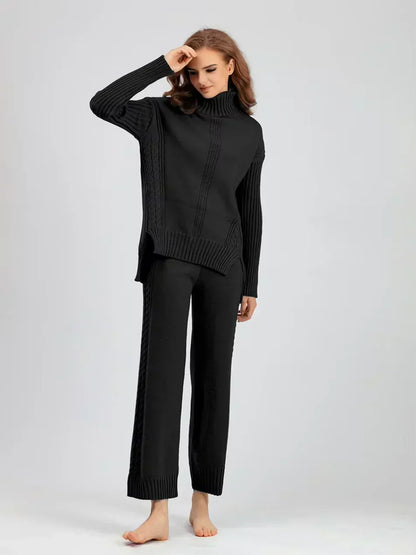 Scarlett - Ensemble de Pull Tricoté à Col Montant Chic et Pantalons Amples