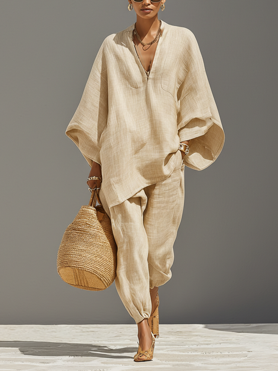 Ensemble Neutre en Lin pour Femme avec Ourlet Asymétrique et Design Minimaliste, Style Quotidien-Casual Sophistiqué