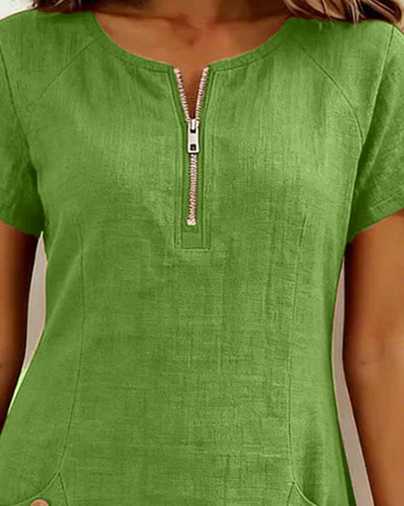 Robe Courte en Lin et Coton avec Fermeture Éclair - Coupe A-Line Élégante