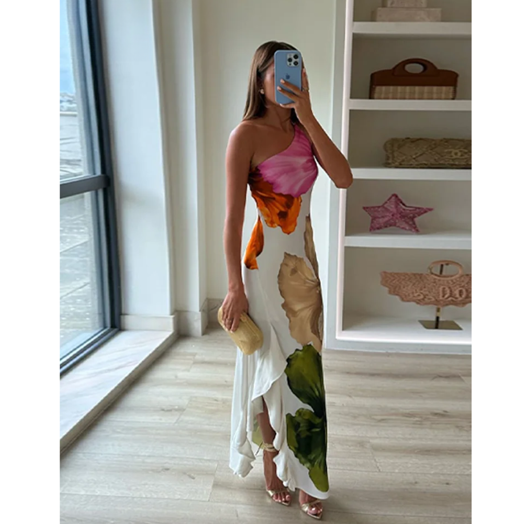 Ismena - Robe Maxi Florale Élégante avec Col Asymétrique