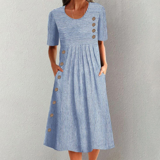 CALLIE – ROBE MIDI CLASSIQUE À RAYURES AVEC BOUTONS