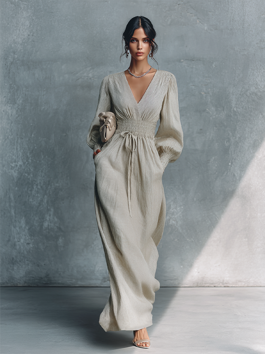 Robe Maxi Femme Beige en Coton Lin à Rayures avec Décolleté en V et Taille Froncée