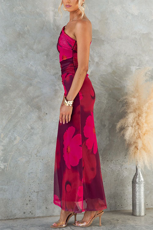 Robe Maxi Bodycon en Maille avec Imprimé Floral à Une Épaule
