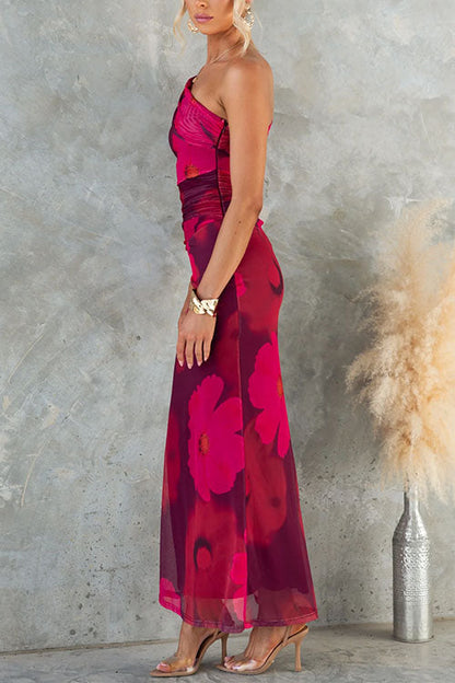 Robe Maxi Bodycon en Maille avec Imprimé Floral à Une Épaule