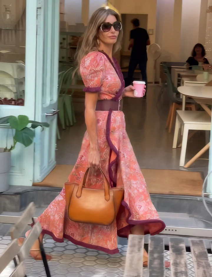 Robe Maxi Rose Élégante à Manches Courtes