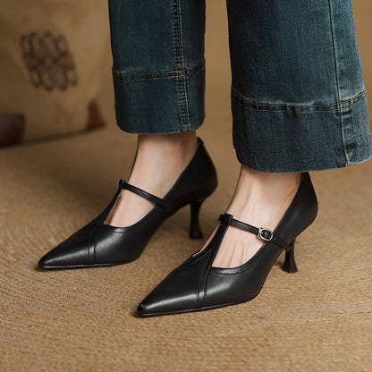 Josie - Élégantes chaussures à talons en cuir avec fermeture en T pour femmes