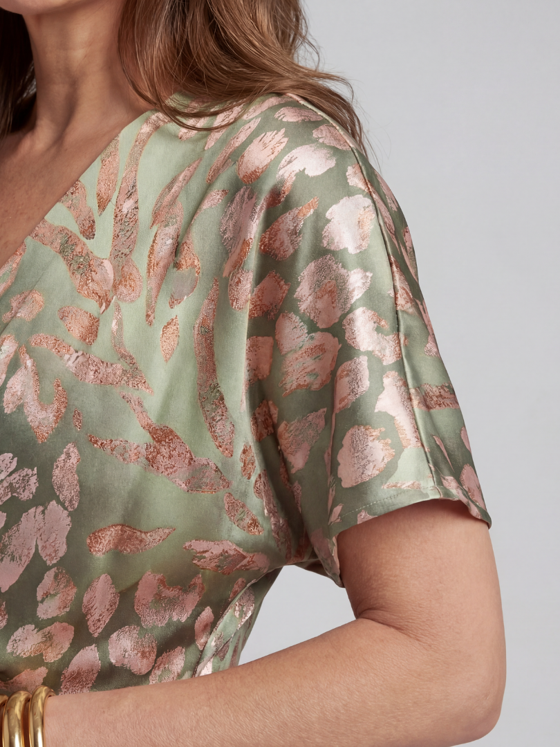Robe Midi à Imprimé Abstrait et Décolleté en V avec Taille Torsadée