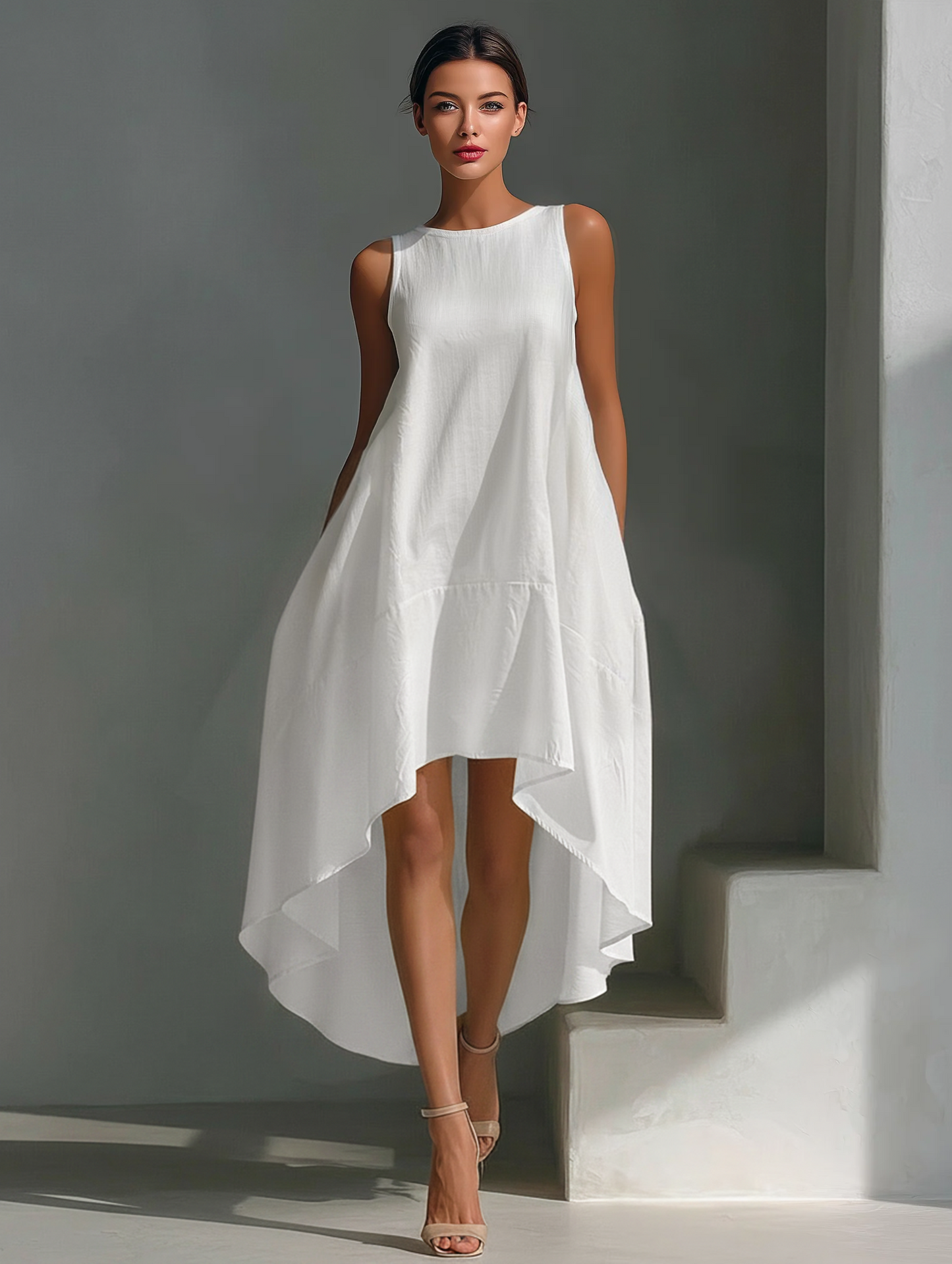 Robe Midi Sans Manches en Lin Blanc pour Femme avec Col Ronde et Ourlet Asymétrique