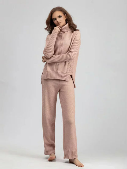 Scarlett - Ensemble de Pull Tricoté à Col Montant Chic et Pantalons Amples