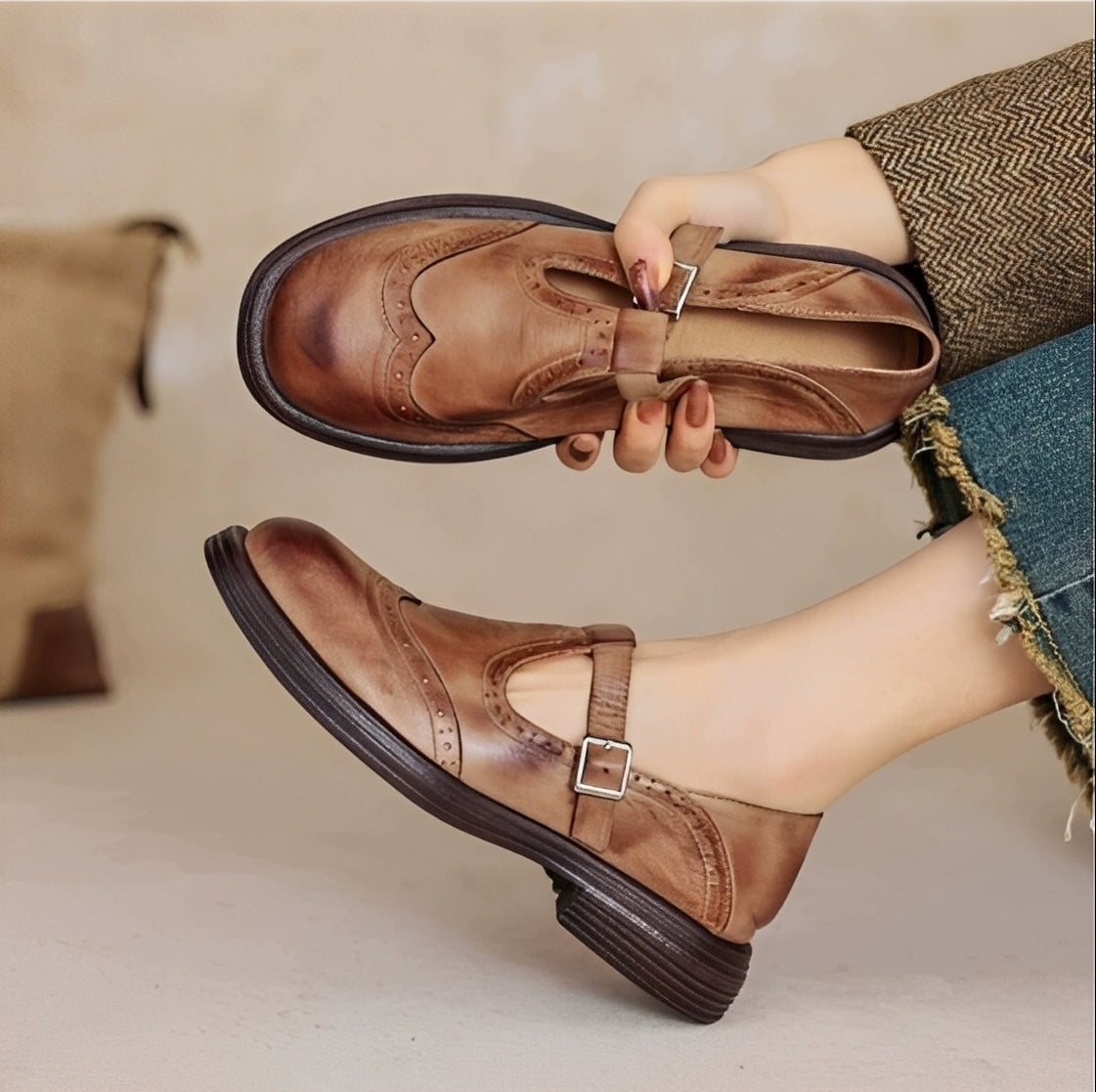 Erika - Chaussures rétro en cuir épais pour femmes