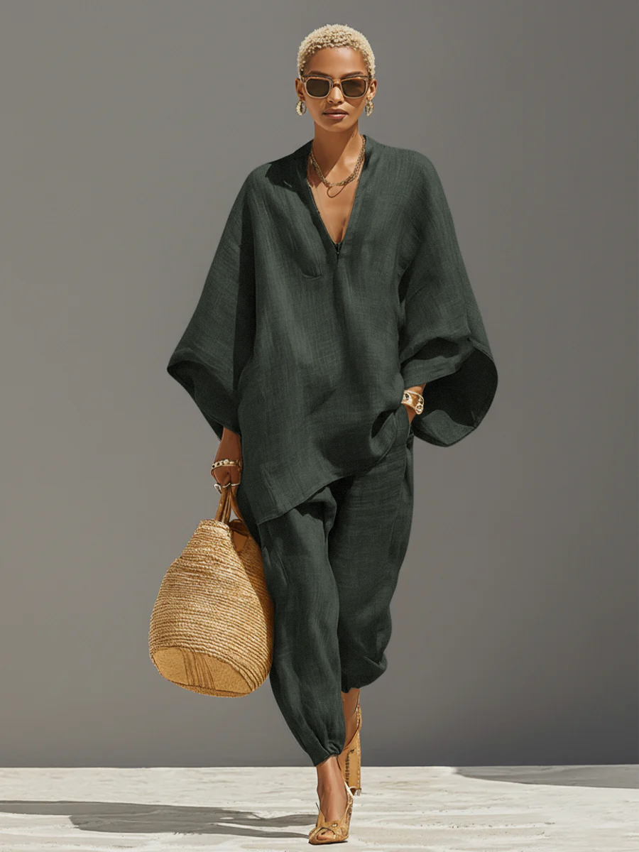 Ensemble Neutre en Lin pour Femme avec Ourlet Asymétrique et Design Minimaliste, Style Quotidien-Casual Sophistiqué