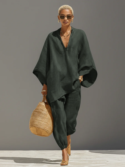 Ensemble Neutre en Lin pour Femme avec Ourlet Asymétrique et Design Minimaliste, Style Quotidien-Casual Sophistiqué