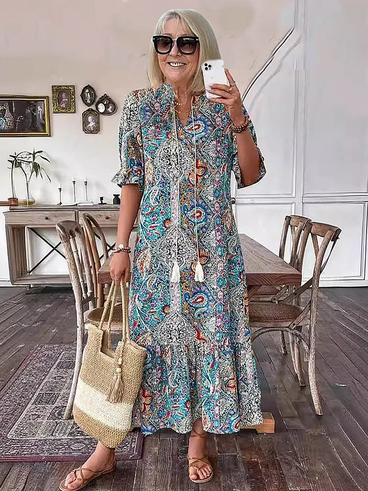 Carolette - Robe Maxi à Col avec Corde Boho