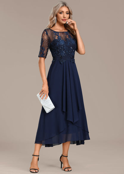 Robe Courte en Dentelle Bleu Marine avec Manches Courtes et Col Rond