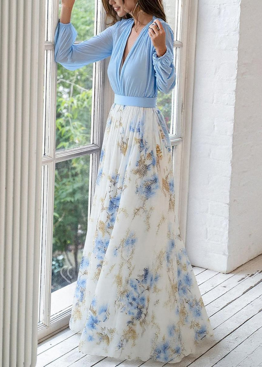 Robe Maxi à Manches Longues pour Femmes avec Décolleté en V Profond et Jupe Imprimée