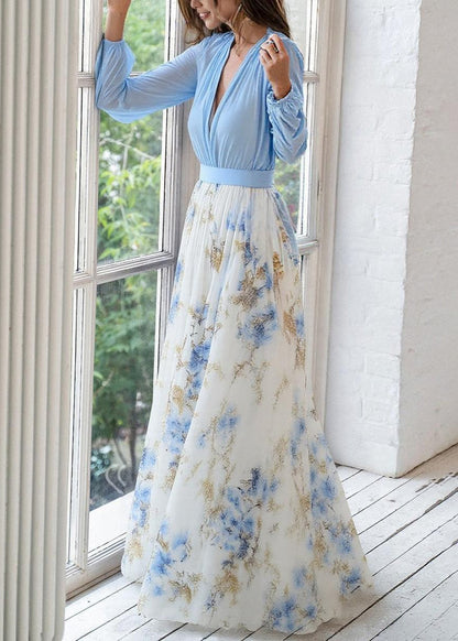 Robe Maxi à Manches Longues pour Femmes avec Décolleté en V Profond et Jupe Imprimée
