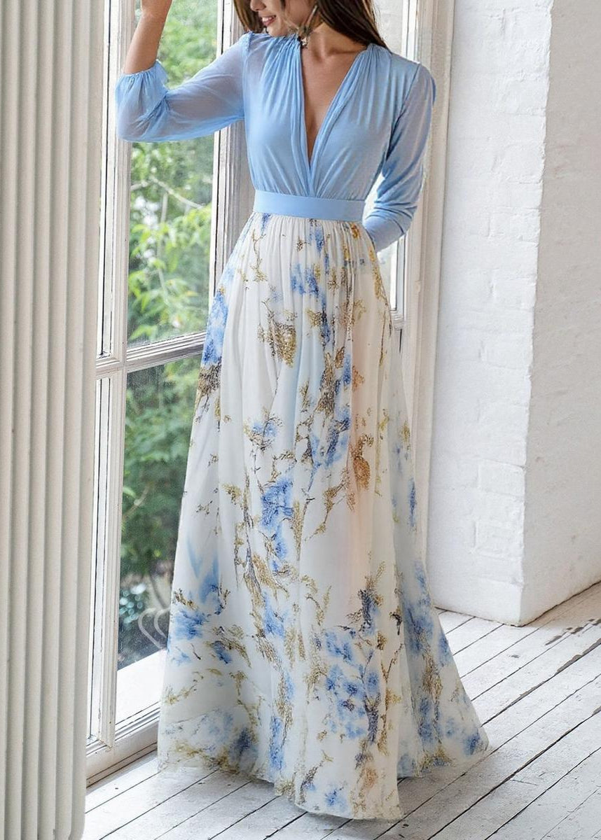 Robe Maxi à Manches Longues pour Femmes avec Décolleté en V Profond et Jupe Imprimée