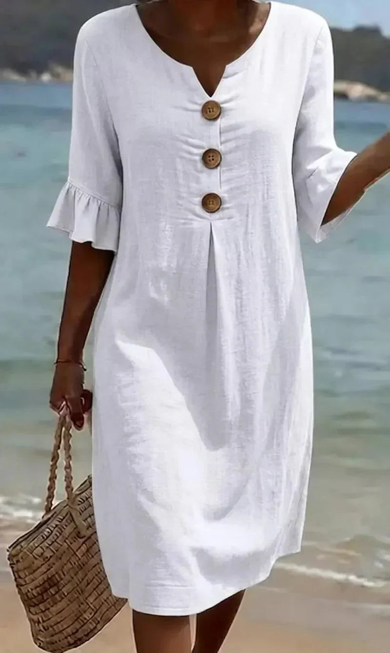Vanesa | Robe en lin avec texture, manches bouffantes et boutons