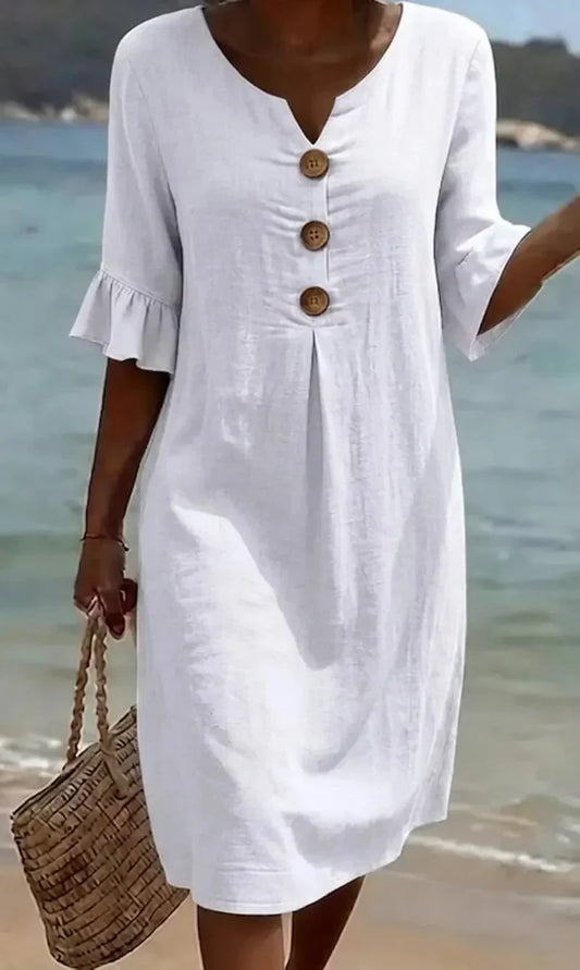 Vanesa | Robe en lin avec texture, manches bouffantes et boutons