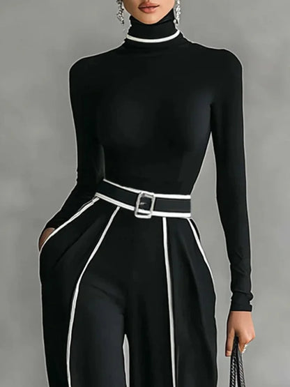 Ensemble Haut à Col Montant à Manches Longues avec Bord Blanc, Pantalons à Jambes Amples et Ceinture