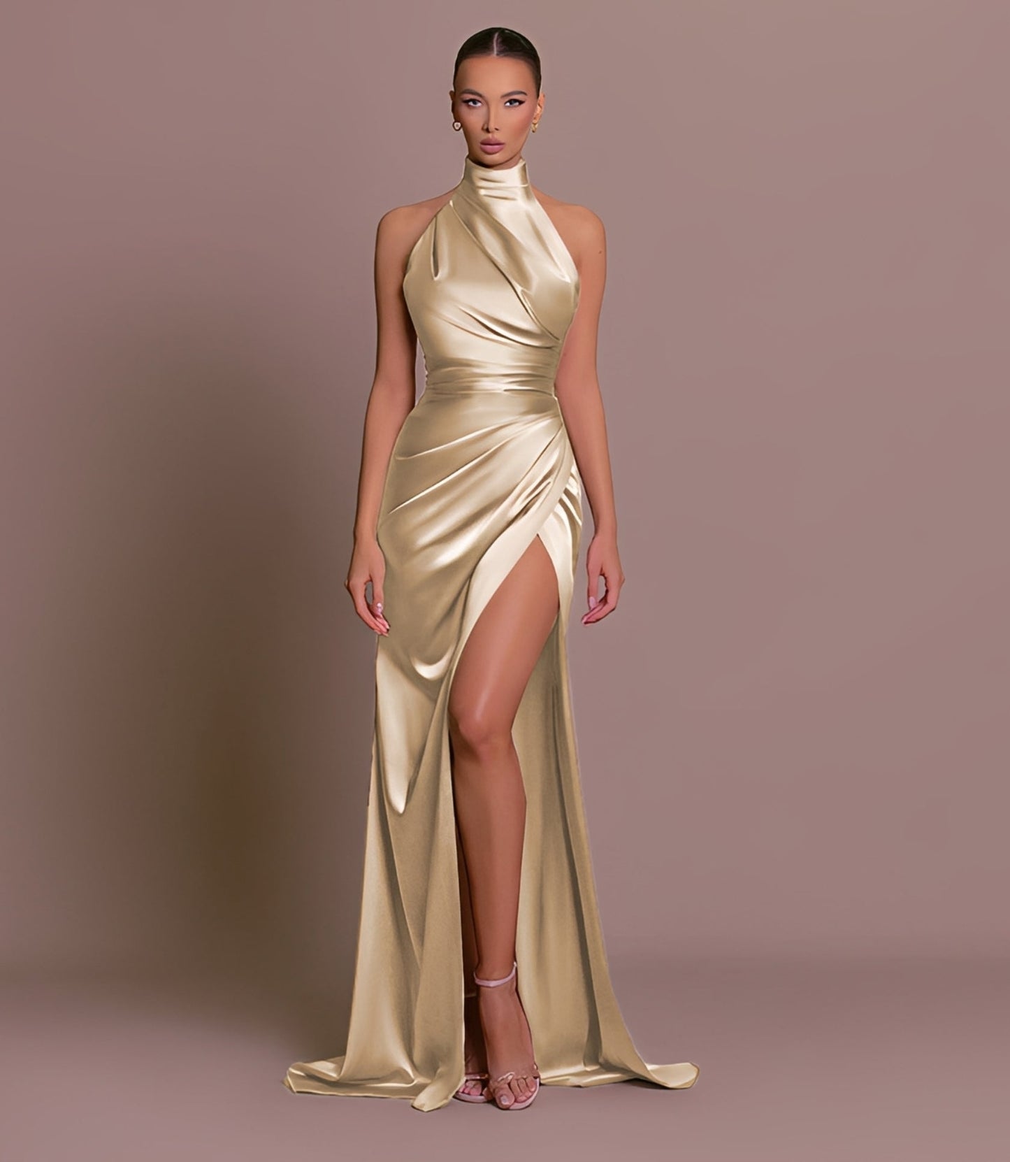 Margie - Robe de soirée élégante avec col halter et grande fente pour femmes
