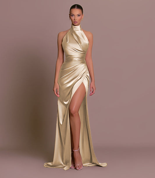 Margie - Robe de soirée élégante avec col halter et grande fente pour femmes