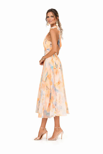 Esther | Robe avec Col Halter et Imprimé Aquarelle