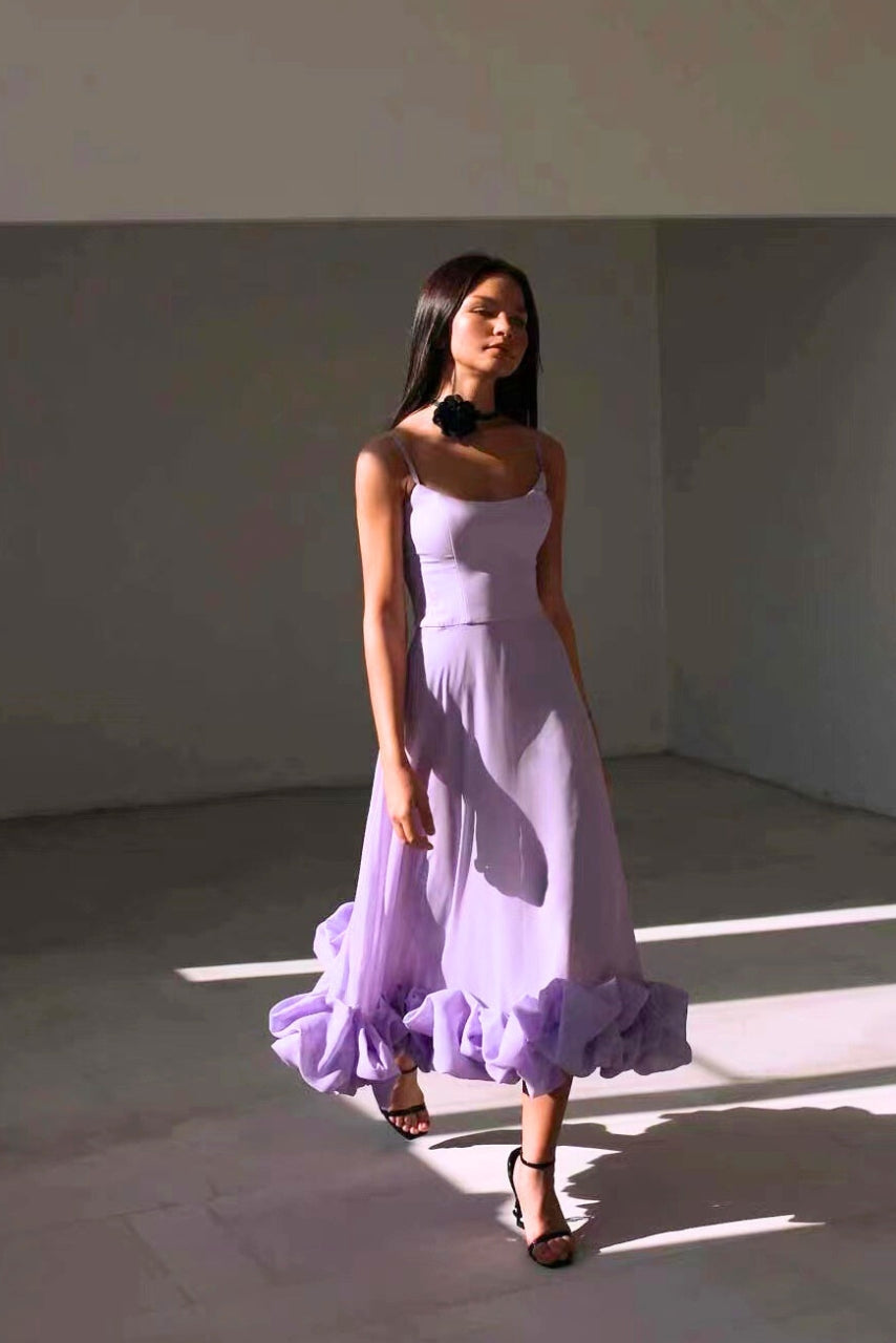 Robe Maxi Femme à Bretelles Spaghetti, Jupe Évasée et Ourlet Volanté