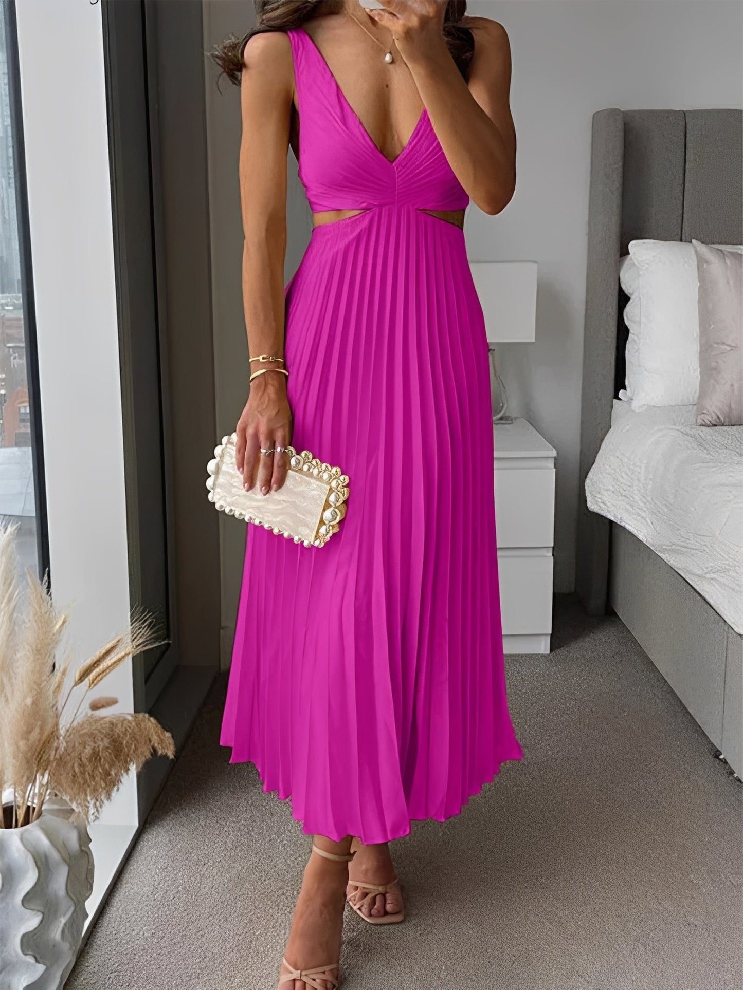 Laura - Élégant, plissé, robe midi avec dos nu pour femmes