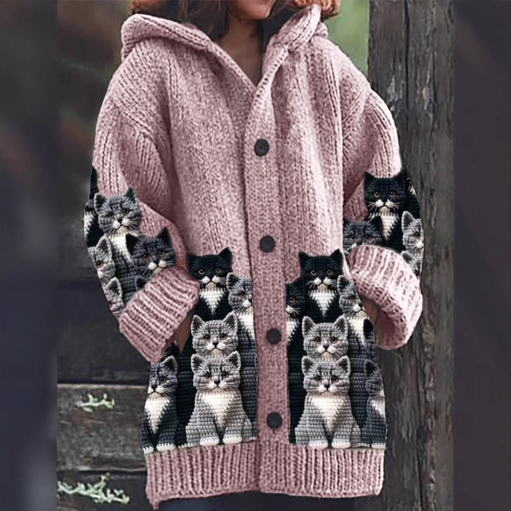 Jasmin - Cardigan en Tricot Accueillant avec Imprimé de Chat