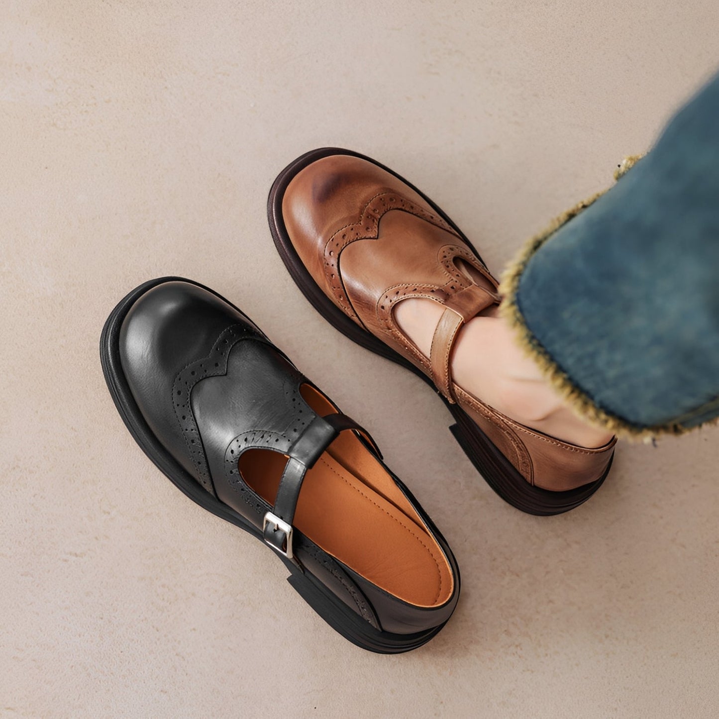 Erika - Chaussures rétro en cuir épais pour femmes