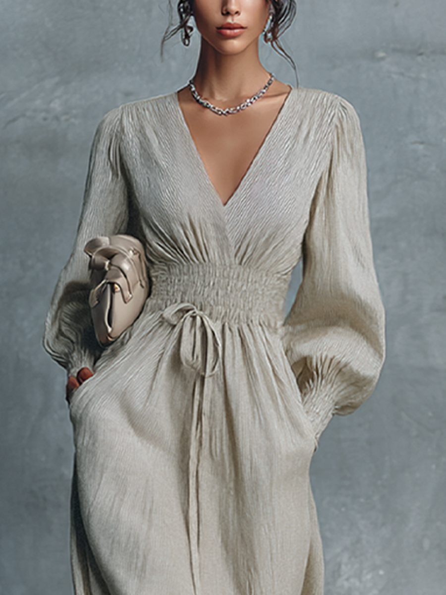 Robe Maxi Femme Beige en Coton Lin à Rayures avec Décolleté en V et Taille Froncée