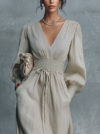 Robe Maxi Femme Beige en Coton Lin à Rayures avec Décolleté en V et Taille Froncée