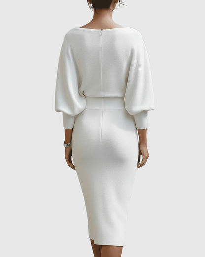 Ismeria | Robe Midi Drapée Blanche à Manches Chauve-Souris