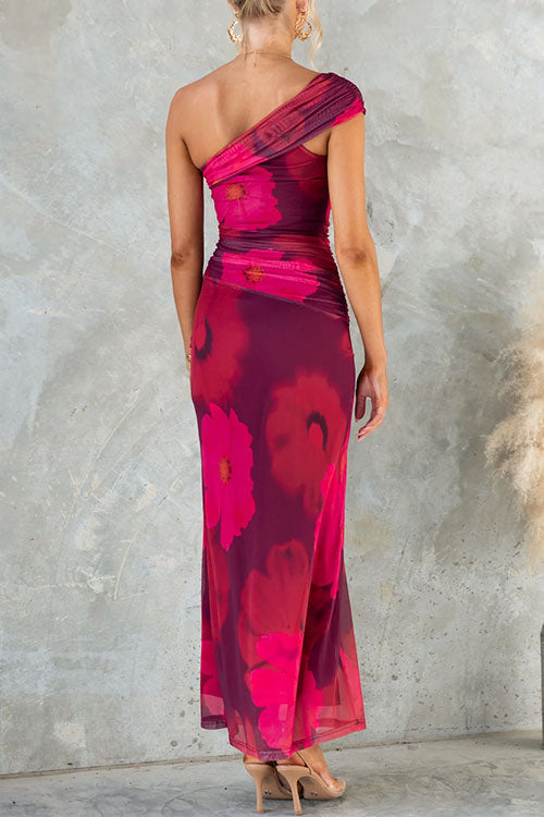 Robe Maxi Bodycon en Maille avec Imprimé Floral à Une Épaule