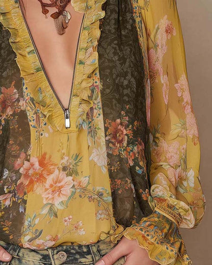 LILLIAN – BLOUSE FLEUR ROMANTIQUE AVEC FERMETURE ÉCLAIR