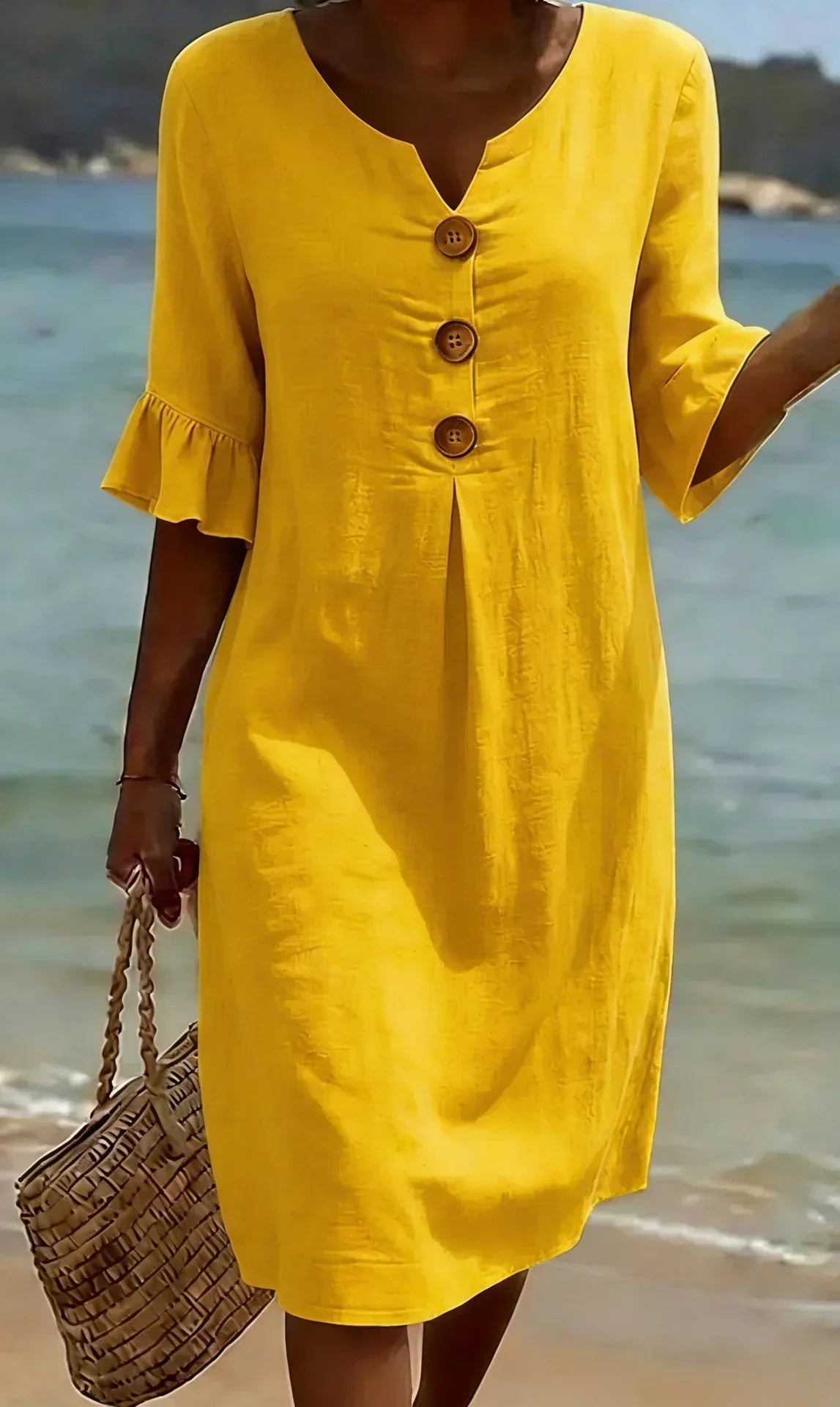 Vanesa | Robe en lin avec texture, manches bouffantes et boutons