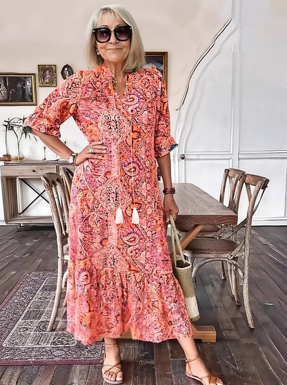 Carolette - Robe Maxi à Col avec Corde Boho