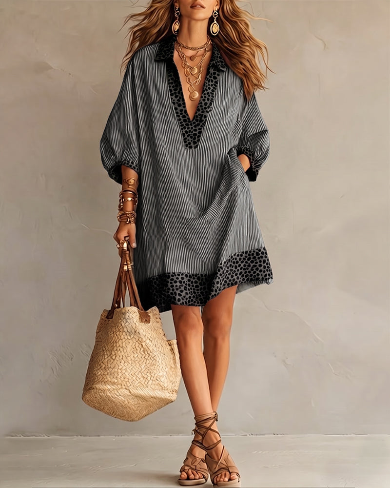 Robe Léopard à Manches Bouffantes avec Rayures