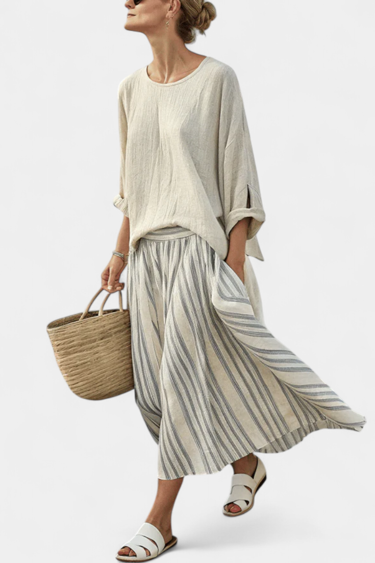 Aurcyn | Blouse Ample et Confortable & Jupe Midi Rayée