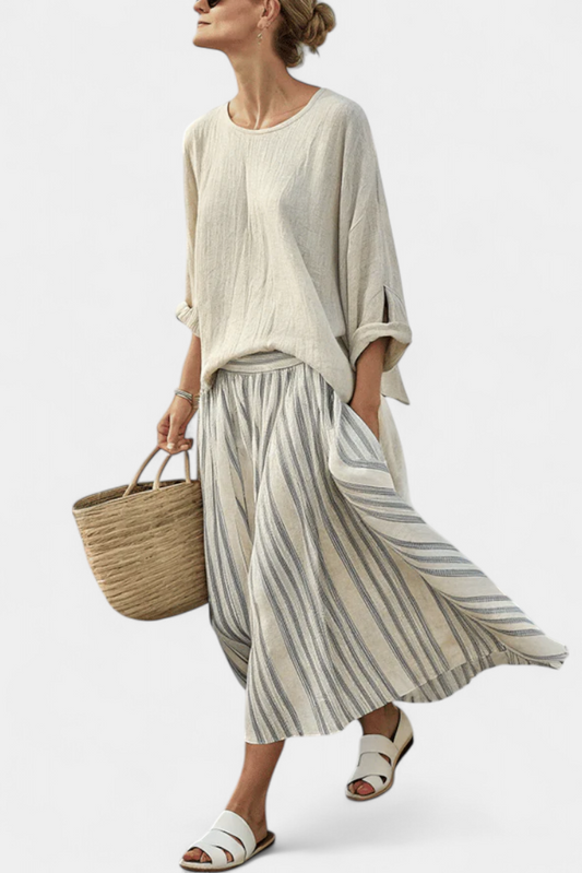 Aurcyn | Blouse Ample et Confortable & Jupe Midi Rayée